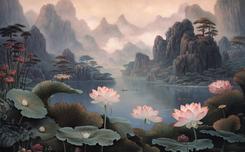 山脉立夏平静湖面云雾策绕荷花盛开国风水墨画,插画/手绘图,插画/手绘图库,插画/手绘图下载,插画/手绘